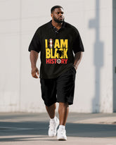 Big Men's BLACK HISTORY Letter Juneteenth Theme Short Sleeve Polo Shirt Shorts Suit